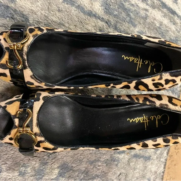 Cole Haan Black Peep Toe Heels with Leopard Bow - Picture 2 of 9